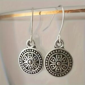 Round Silver Drop Pendant Earrings Vintage Style Dangle Charm Boho Circle Retro